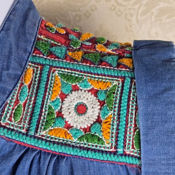 Earthbound Trading Co Size Small Chambray Tie Front Blouse Embroidered Yoke - Picture 3 of 12